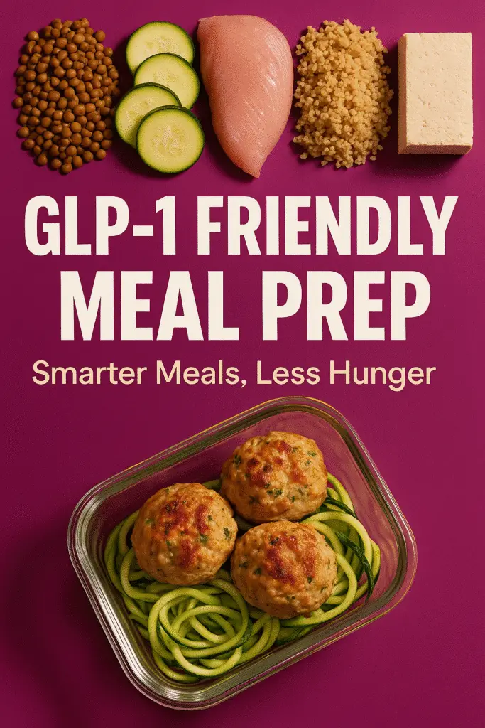GLP-1 friendly prep turkey zucchini noodles in bold Pinterest layout