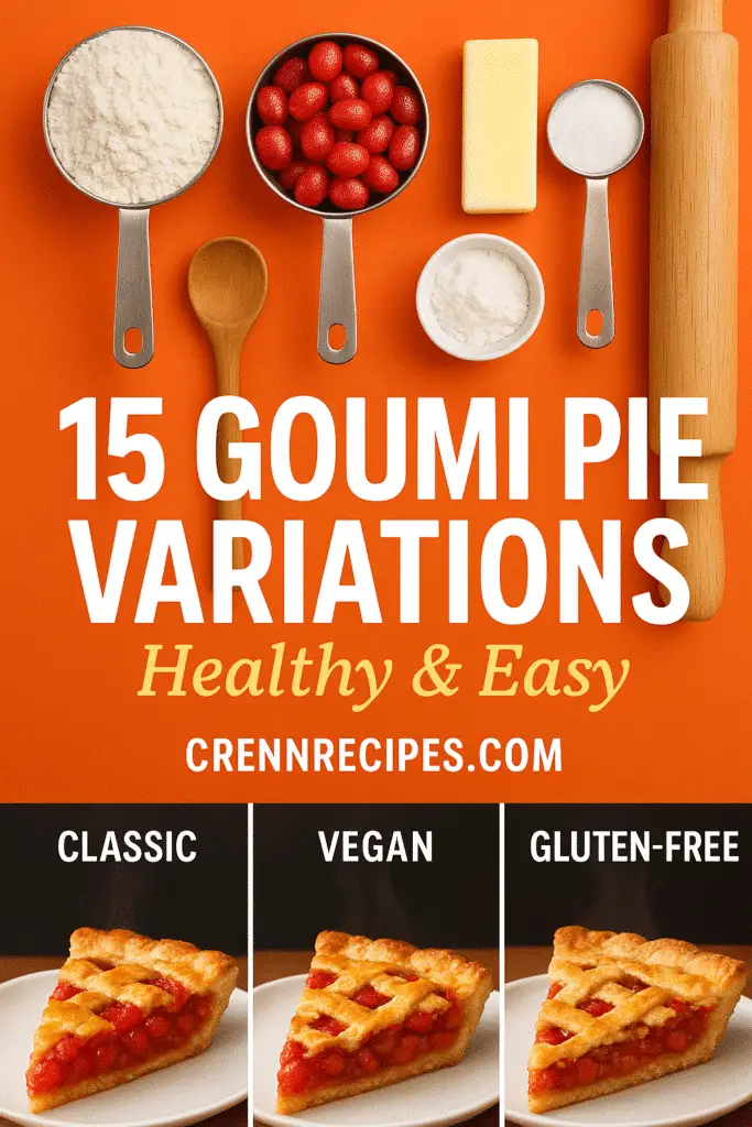 Goumi pie recipe variations Pinterest pin showcasing 15 different healthy dessert options from CrennRecipes.com