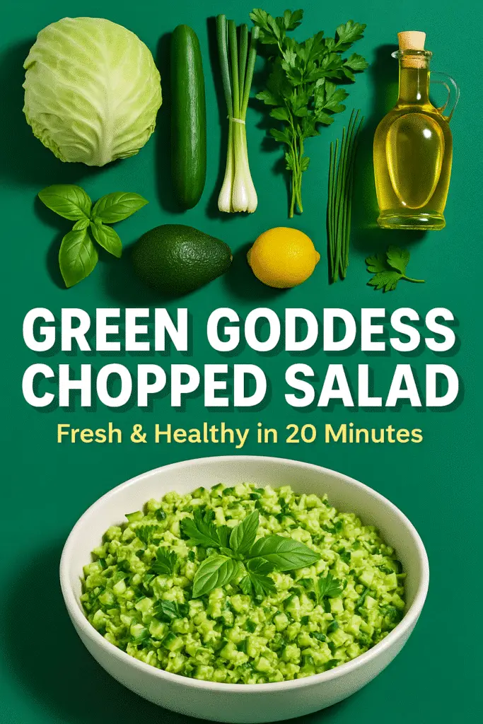 Green Goddess Chopped Salad Pinterest pin with fresh ingredients and CrennRecipes branding