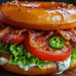 Grilled Donut BLT with Jalapeño Mayo featuring crispy bacon and fresh vegetables on golden glazed donut