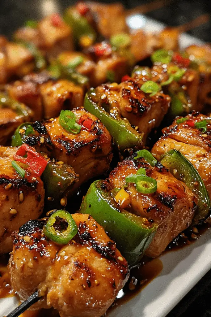 Close-up of grilled chicken skewers with jalapeño slices and sticky honey glaze