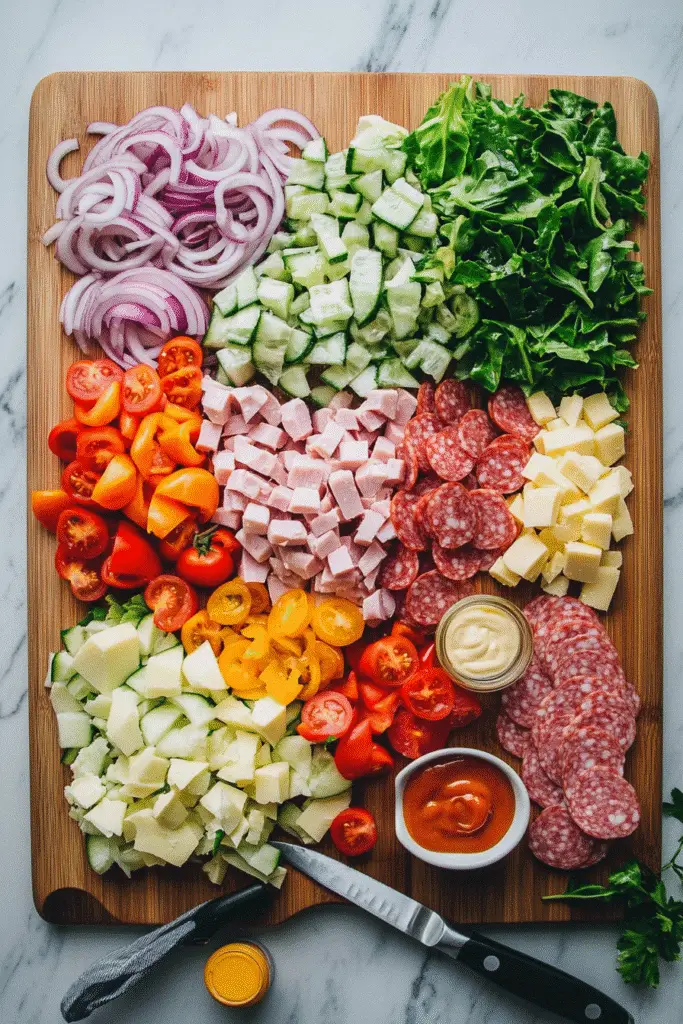 Grinder salad ingredients prep shot showing deli meats, cheese, vegetables and dressing for Italian sub salad recipe
