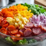 Grinder salad recipe with fresh lettuce, deli meats, provolone cheese, and Italian sub ingredients in white bowl