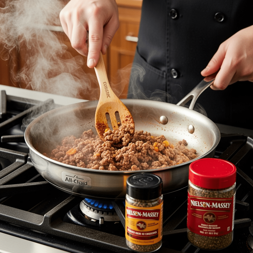 Taco-seasoned ground beef cooking in All-Clad skillet with Cuisinart wooden spoon and Nielsen-Massey spices