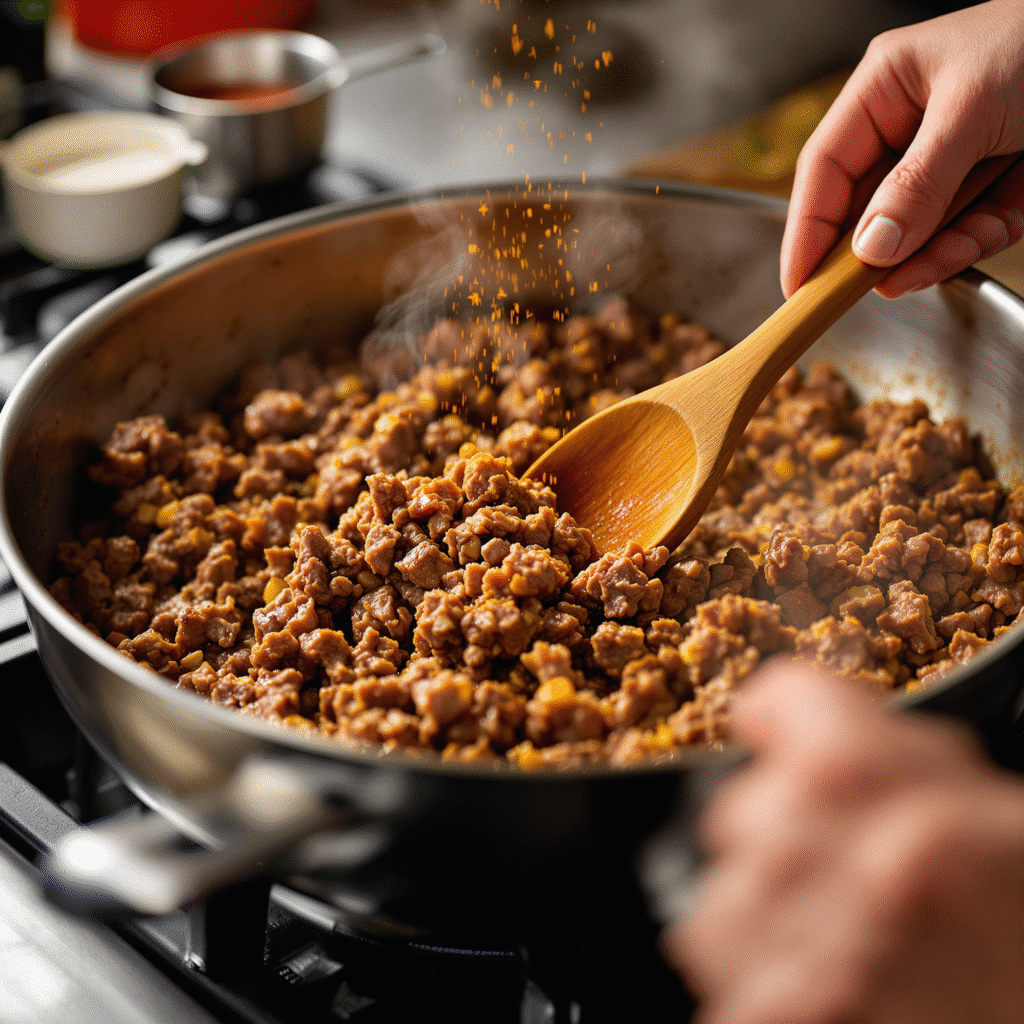 Ground beef browning in All-Clad skillet with OXO tools for hot honey ground beef bowl recipe