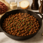 Ground beef recipes featured image showing seasoned cooked ground beef in cast iron skillet with fresh ingredients
