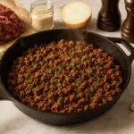 Ground beef recipes featured image showing seasoned cooked ground beef in cast iron skillet with fresh ingredients