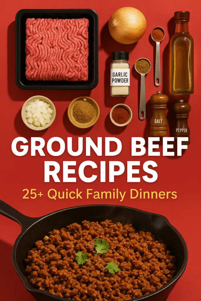 Ground beef recipes Pinterest pin showing ingredients and finished taco meat for quick family dinners