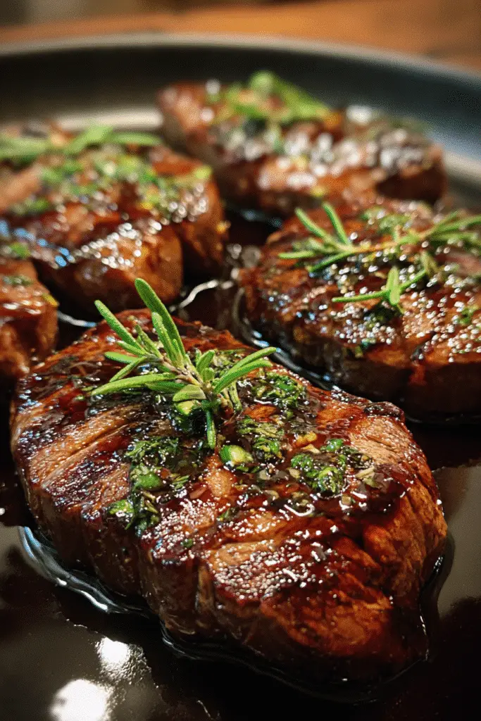 Halloween bourbon garlic steak recipe with black sauce ingredients and finished dish perfect for spooky dinner parties