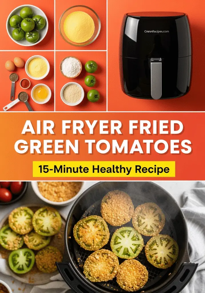 Air fryer fried green tomatoes Pinterest recipe pin showing cooking process and healthy ingredients