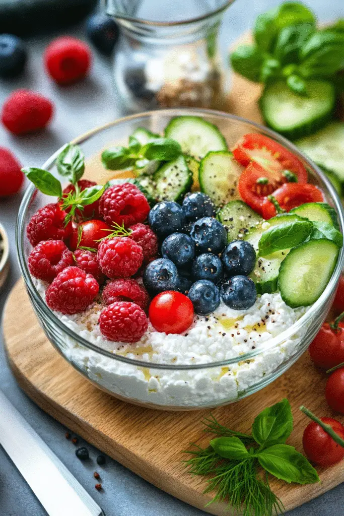 Healthy cottage cheese lunch bowl recipe with protein-packed ingredients - easy meal prep ideas