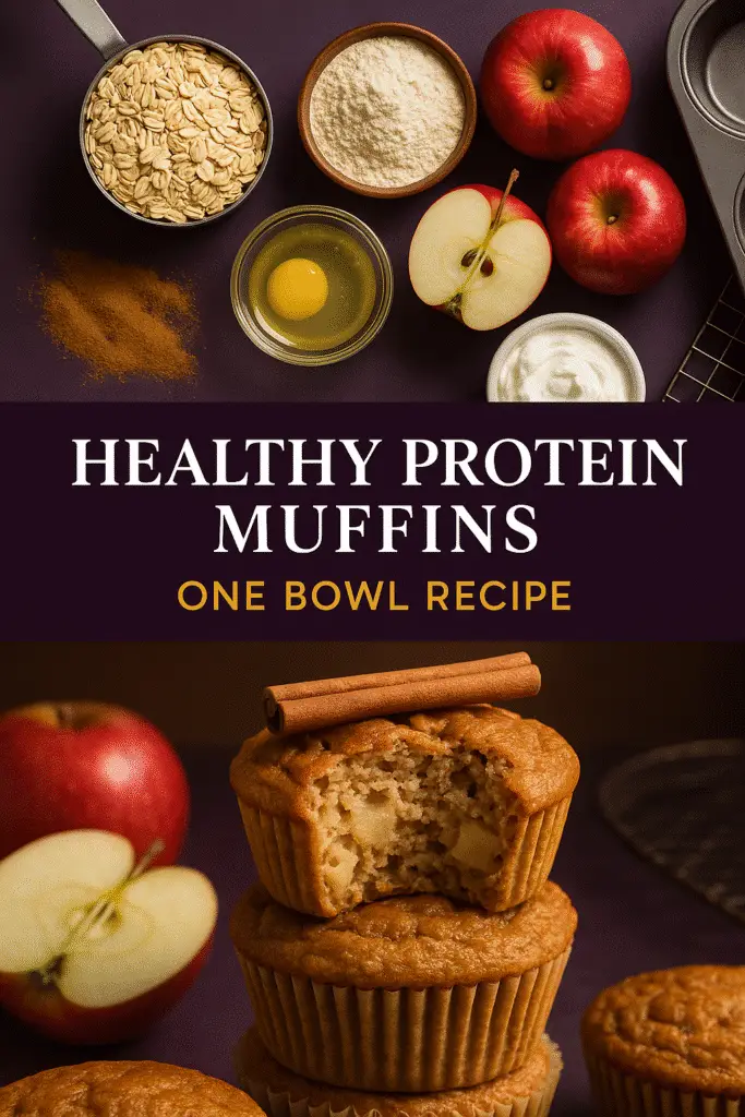 Healthy protein muffins Pinterest design with rolled oats vanilla protein powder apples Greek yogurt one bowl recipe CrennRecipes