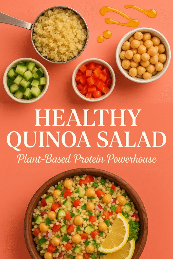 Healthy plant-based chickpea quinoa salad recipe Pinterest pin from CrennRecipes nutrition collection