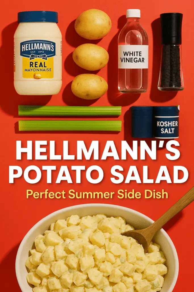 Hellmann's potato salad recipe Pinterest pin with Hellmann's mayo and fresh ingredients