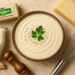 Creamy homemade alfredo sauce recipe with Kerrygold butter Parmigiano-Reggiano cheese ingredients