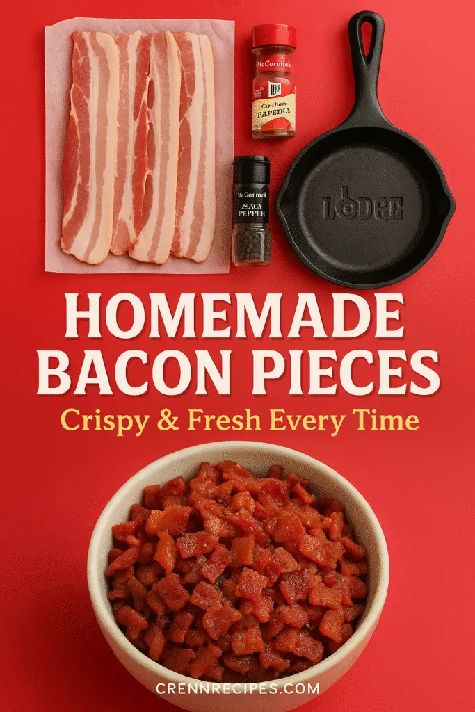 Pinterest pin for homemade bacon pieces recipe with ingredients and finished crispy bacon bits