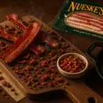 Homemade bacon pieces on wooden board with cast iron skillet and premium bacon ingredients