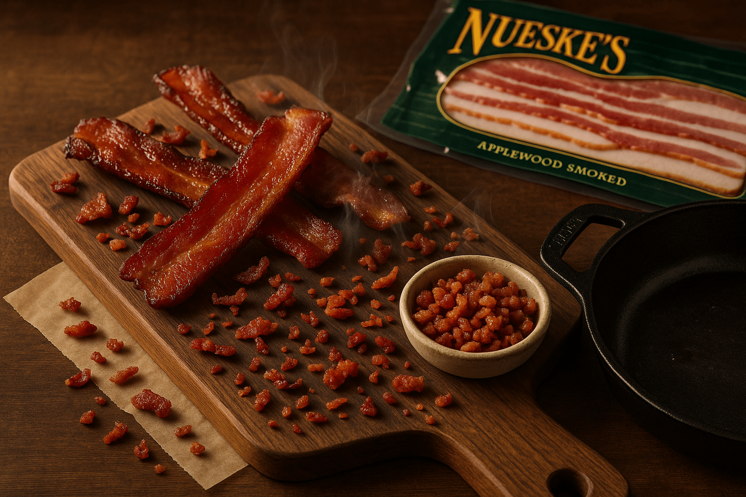 Homemade bacon pieces on wooden board with cast iron skillet and premium bacon ingredients