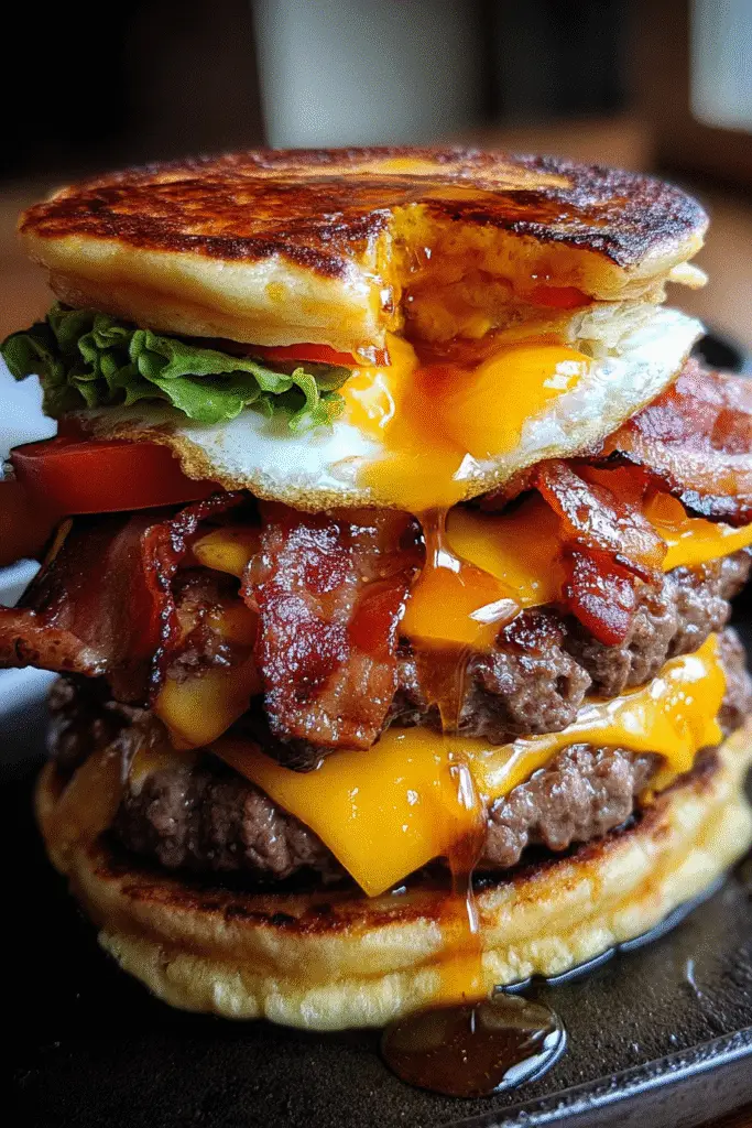 Homemade Maple Bacon Pancake Burger recipe tutorial breakfast burger with pancake buns