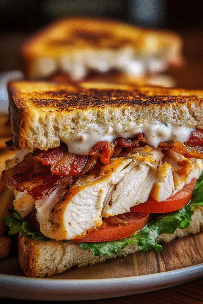 Homemade ranch chicken bacon grilled sandwich with fresh vegetables and artisan bread