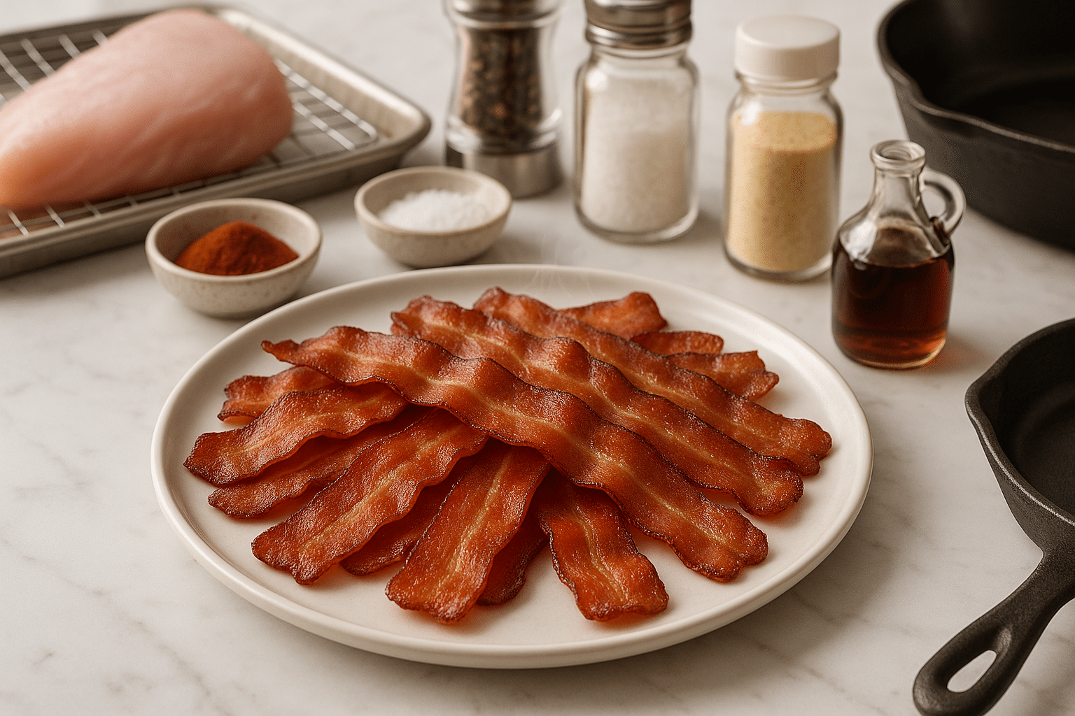 Crispy homemade turkey bacon recipe with premium ingredients on marble counter
