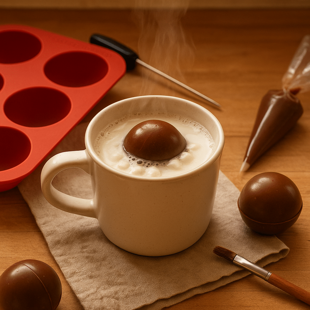 Hot Chocolate Bomb melting in milk – premium semi‑sweet chocolate with CRENNRECIPES.COM branding