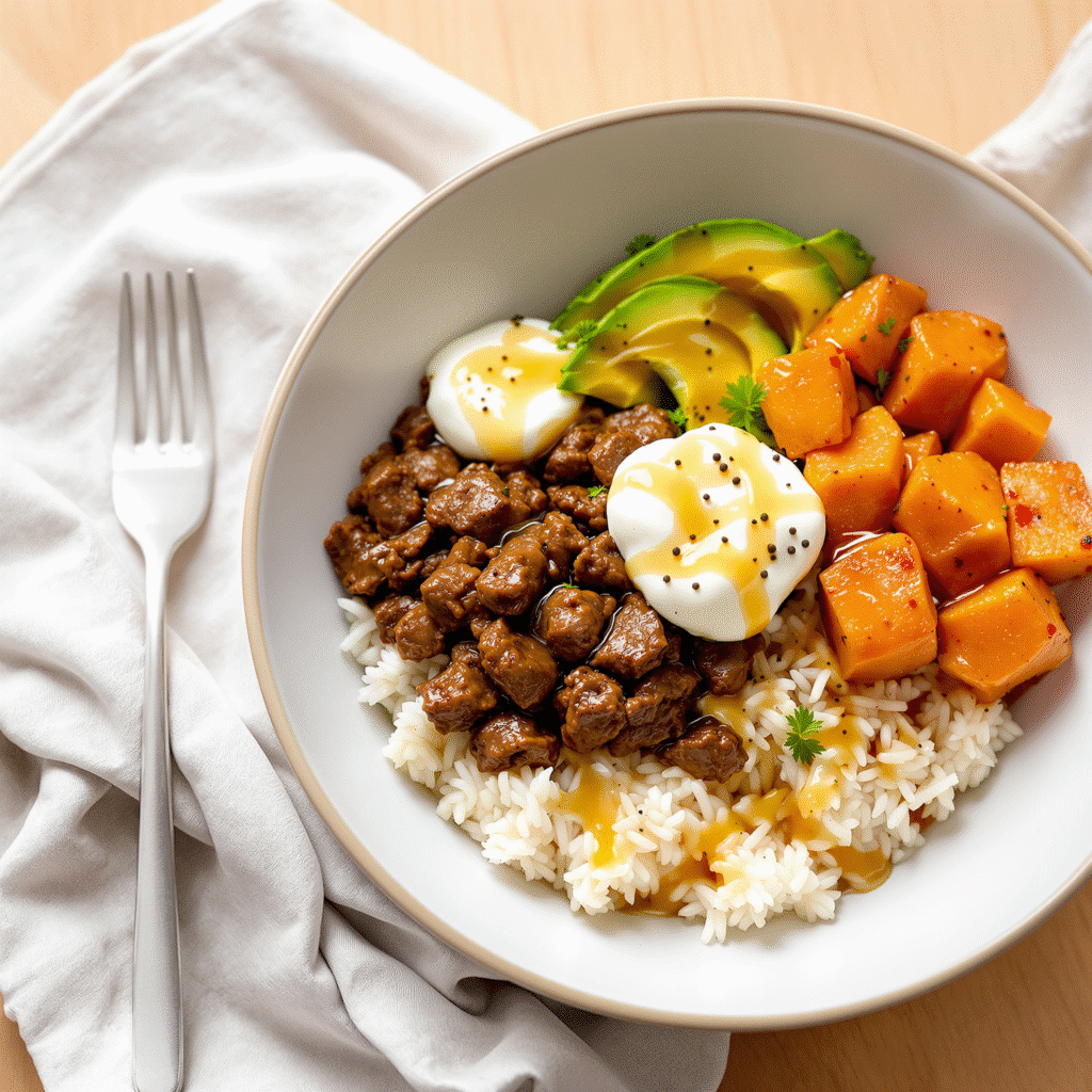 Finished hot honey ground beef bowl served in CB2 bowl with West Elm styling and Anthropologie napkin