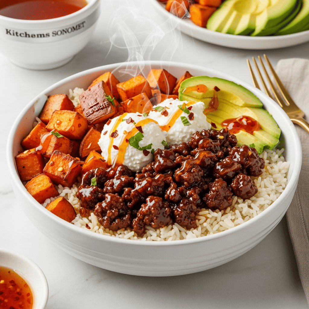 Hot honey ground beef bowl with sweet potatoes and cottage cheese in Williams Sonoma bowl on marble surface
