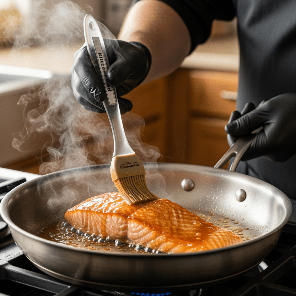 Professional hot honey salmon cooking technique using All-Clad cookware and KitchenAid tools