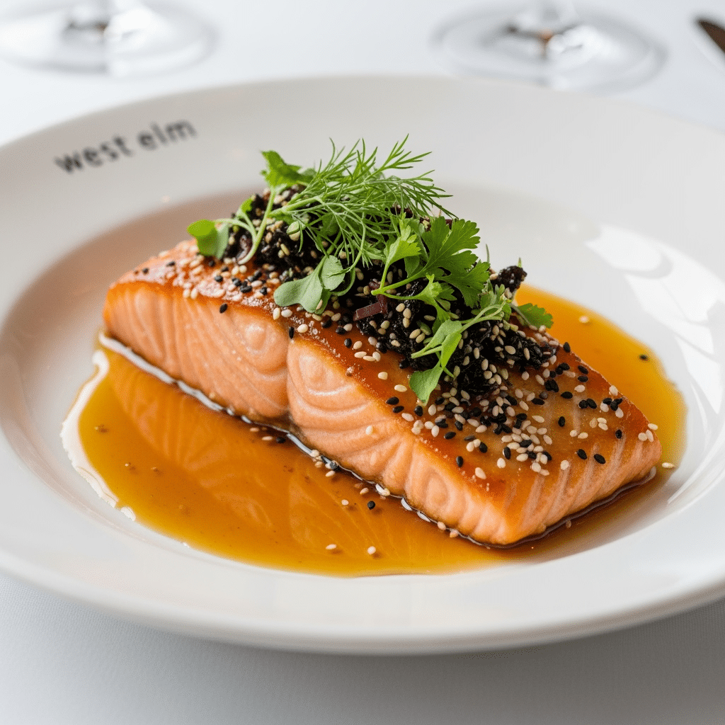 Restaurant-quality hot honey salmon plated on premium CB2 dinnerware with elegant garnish