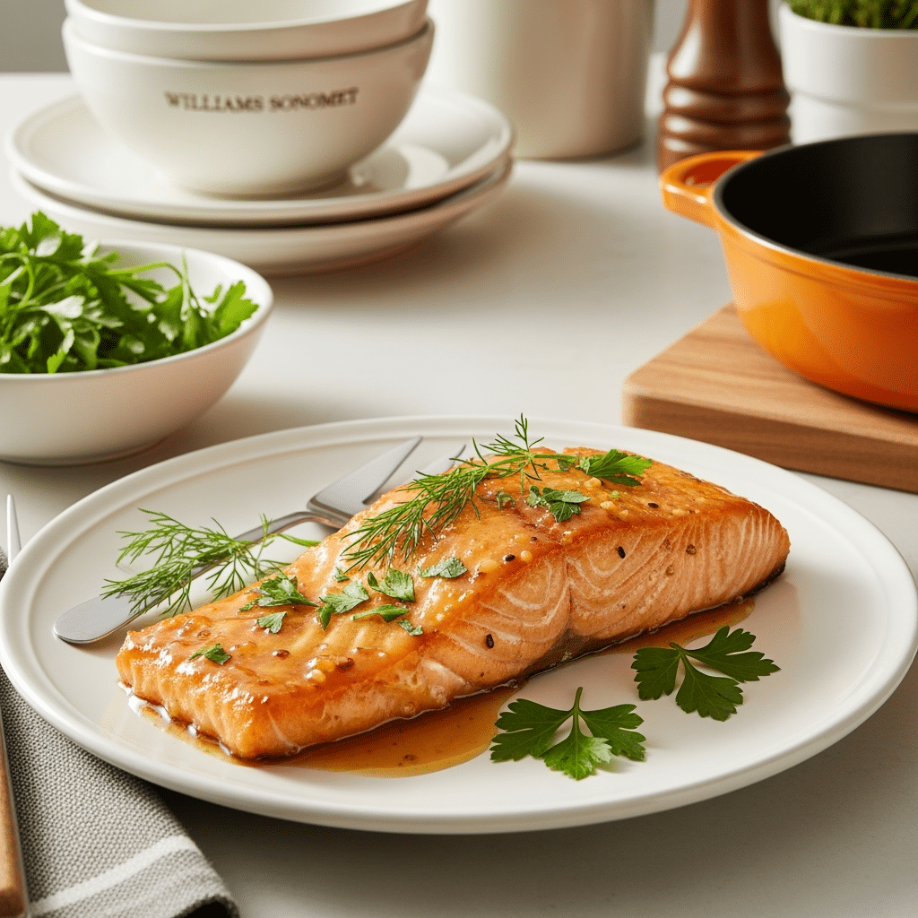 Hot honey salmon recipes featuring perfectly glazed salmon fillet on premium Williams Sonoma plate