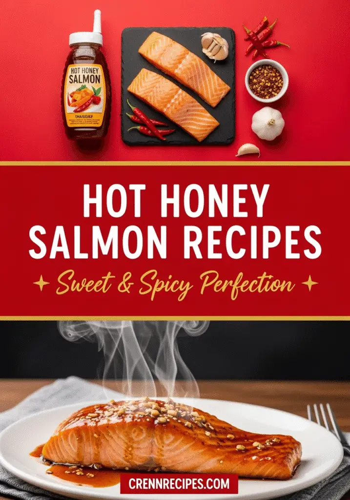 Hot honey salmon recipes Pinterest pin with ingredient showcase and CRENNRECIPES.COM branding