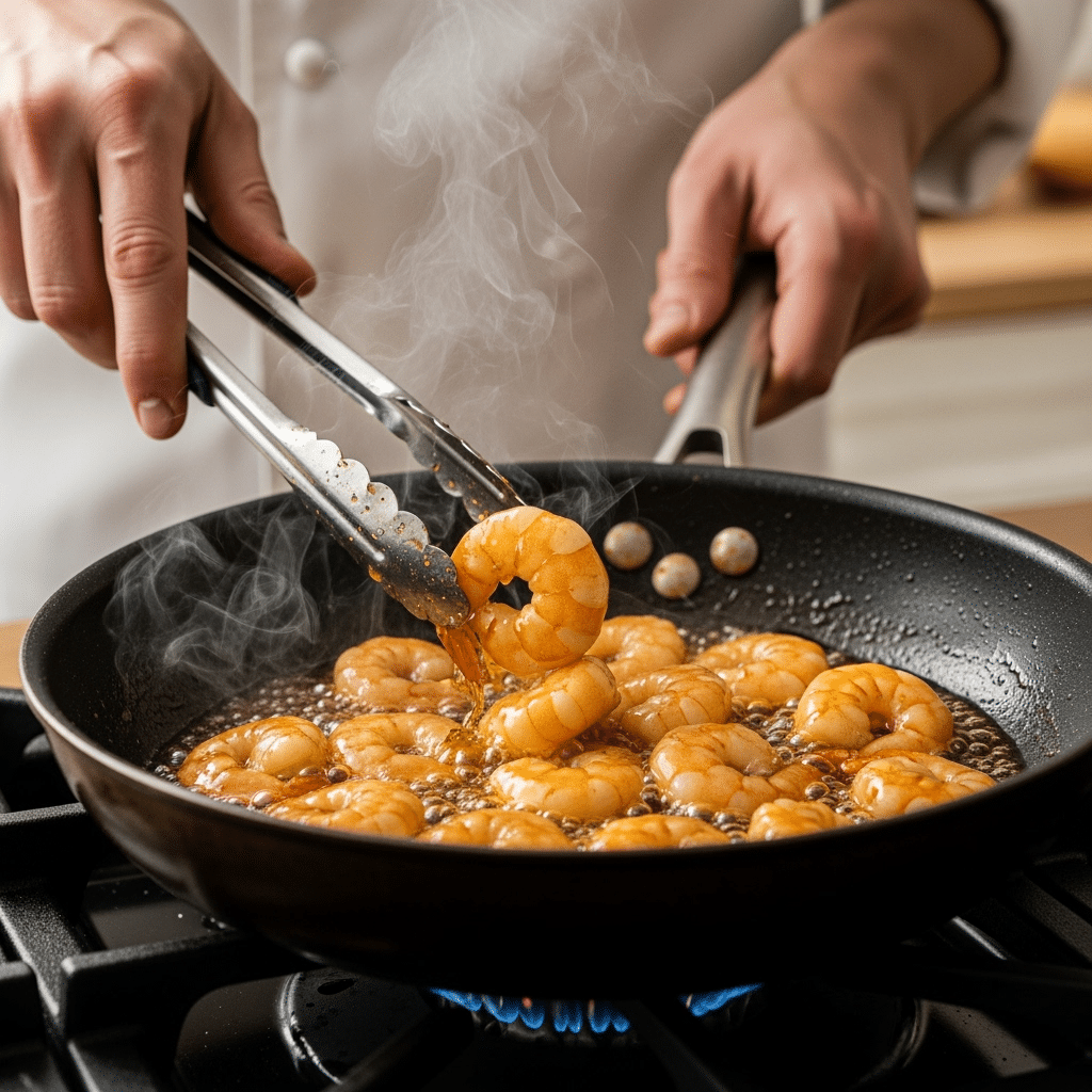 Cooking hot honey shrimp in skillet with tongs, showing caramelized glaze