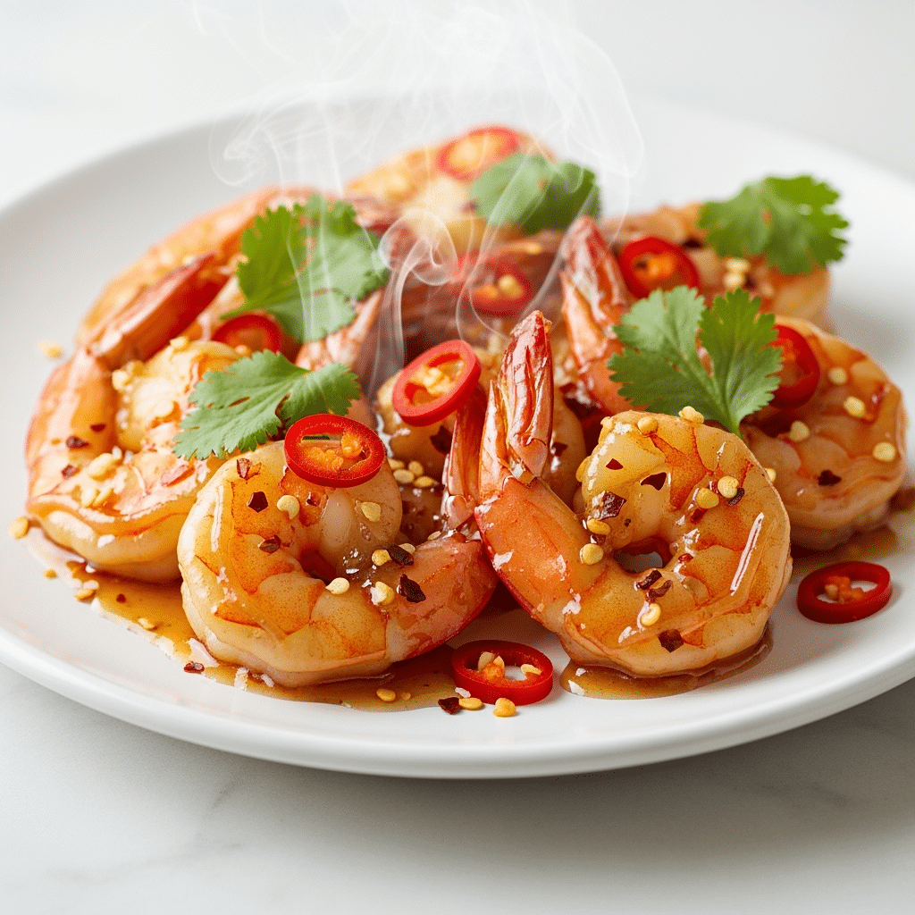 Hot honey shrimp recipe with golden caramelized glaze on marble surface