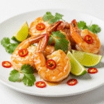 Beautifully plated hot honey shrimp with cilantro garnish and lime wedges