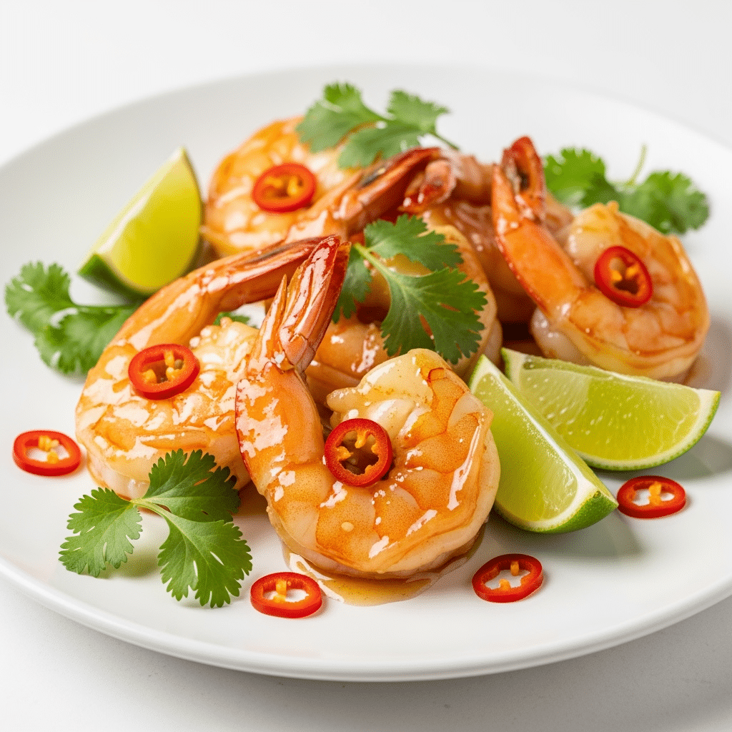 Beautifully plated hot honey shrimp with cilantro garnish and lime wedges