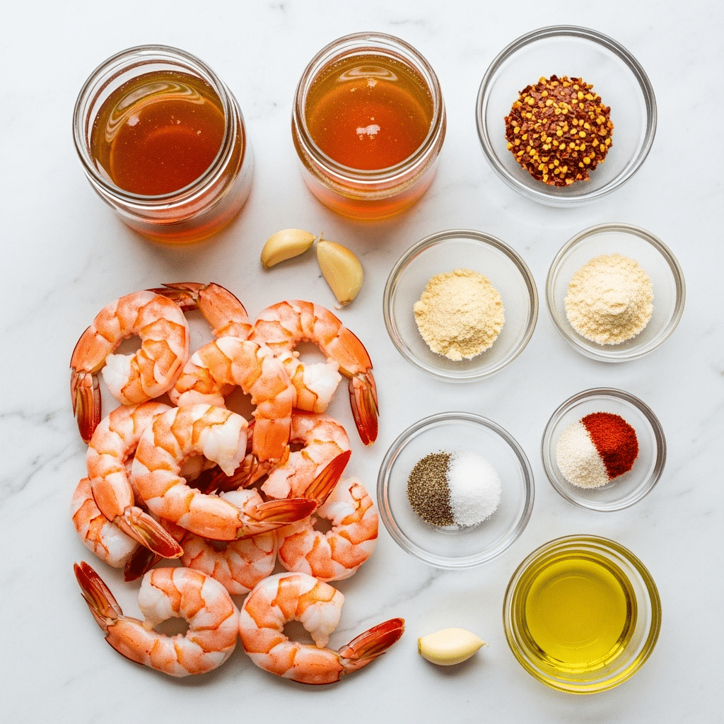 Hot honey shrimp recipe ingredients laid out including large shrimp, honey, and spices