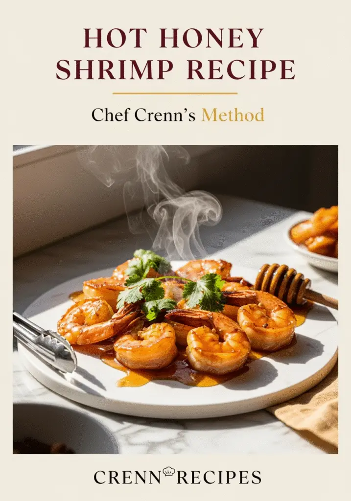 Hot honey shrimp recipe Pinterest pin with golden glazed shrimp and recipe title