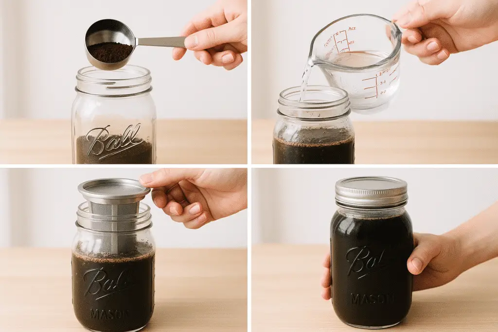 Step by step how to make cold brew coffee in mason jar process