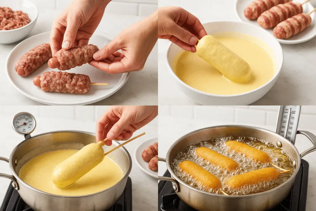 Step-by-step process of making deep-fried bacon cheeseburger corn dogs