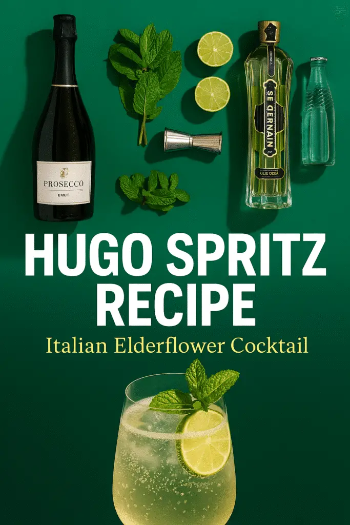 Hugo Spritz recipe Pinterest pin elderflower prosecco cocktail ingredients Italian aperitivo CRENNRECIPES