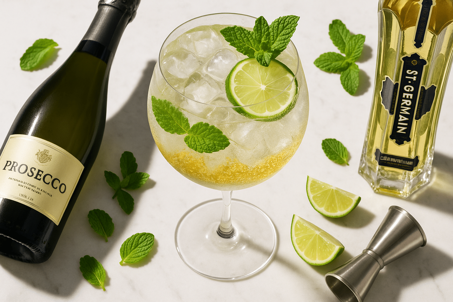 Hugo Spritz cocktail recipe with elderflower syrup prosecco mint lime garnish premium ingredients
