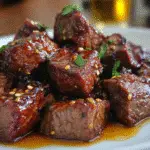 Jack Daniels Maple Glazed Steak Bites featuring premium bourbon-glazed beef cubes with caramelized maple coating