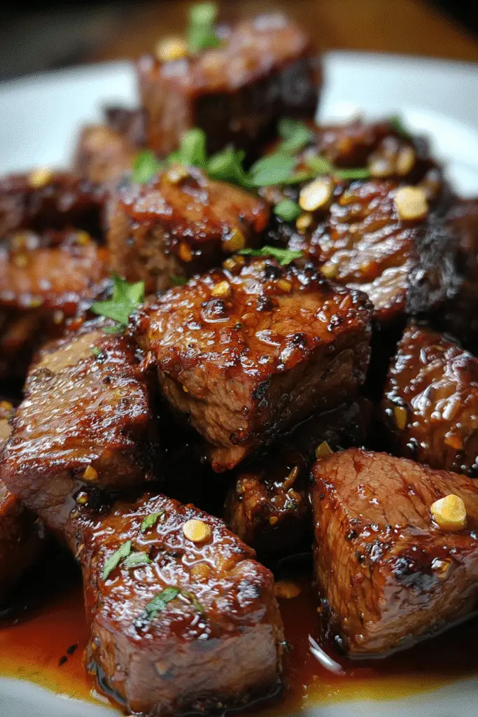 Vertical Jack Daniels Maple Glazed Steak Bites Pinterest-ready image with bourbon glaze dripping