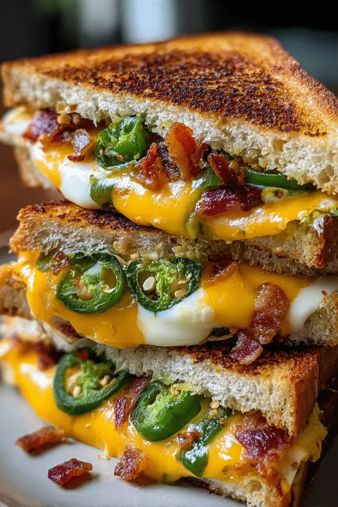 Easy spicy jalapeño popper grilled cheese recipe with melted cheese and crispy bacon