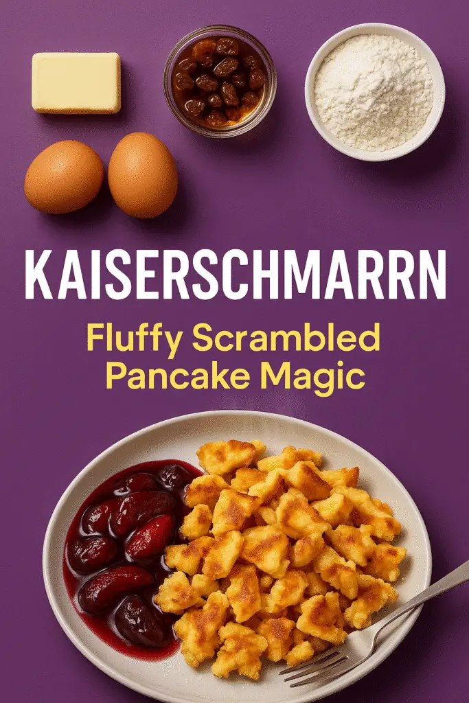 Kaiserschmarrn Pin – Fluffy scrambled Austrian pancakes with rum raisins and compote