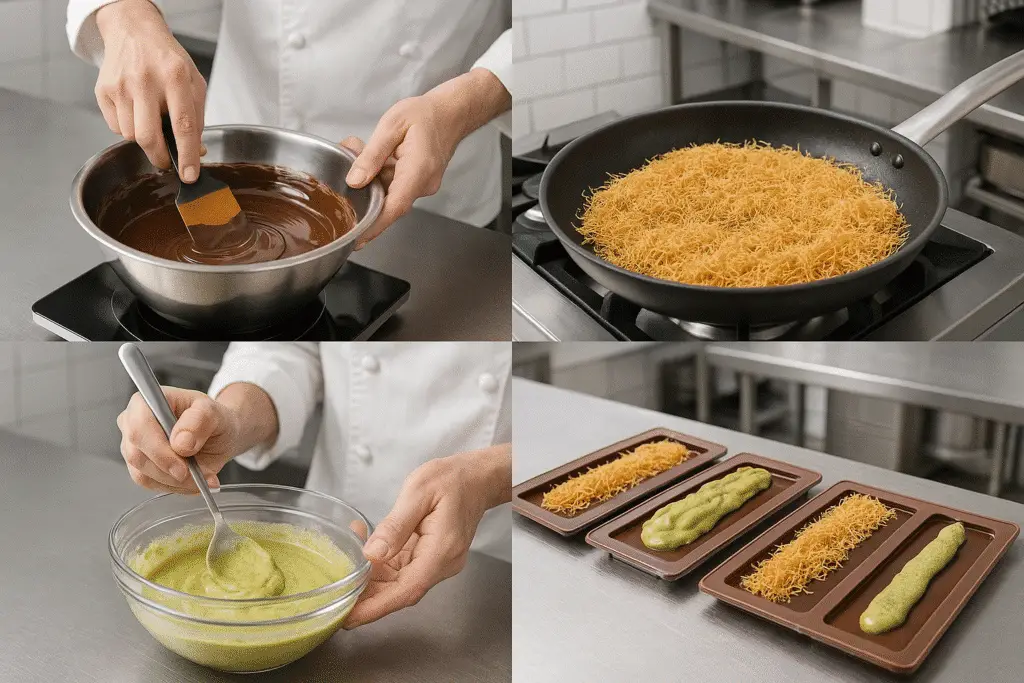 Step-by-step kataifi pistachio chocolate bar recipe preparation process