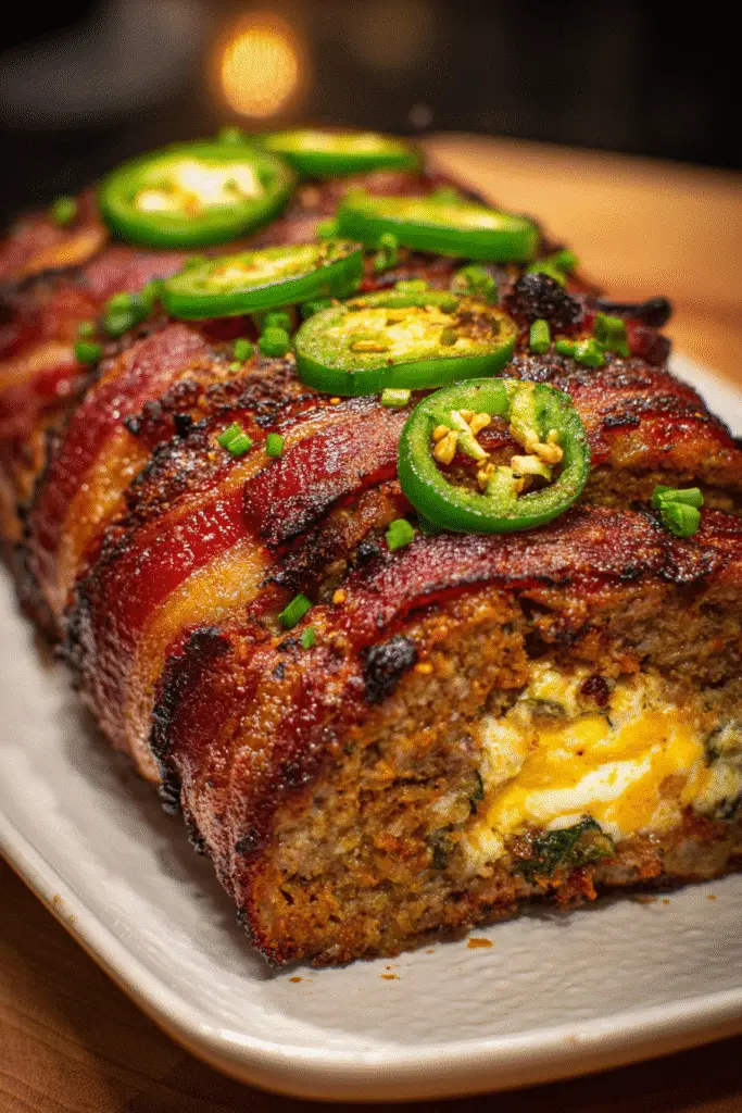 Keto-friendly bacon-wrapped jalapeño popper meatloaf recipe for low-carb comfort food lovers