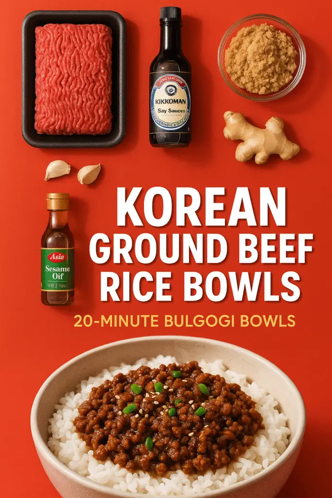 Korean Ground Beef Rice Bowls Pinterest recipe pin - 20-minute bulgogi bowls with authentic ingredients - CrennRecipes.com