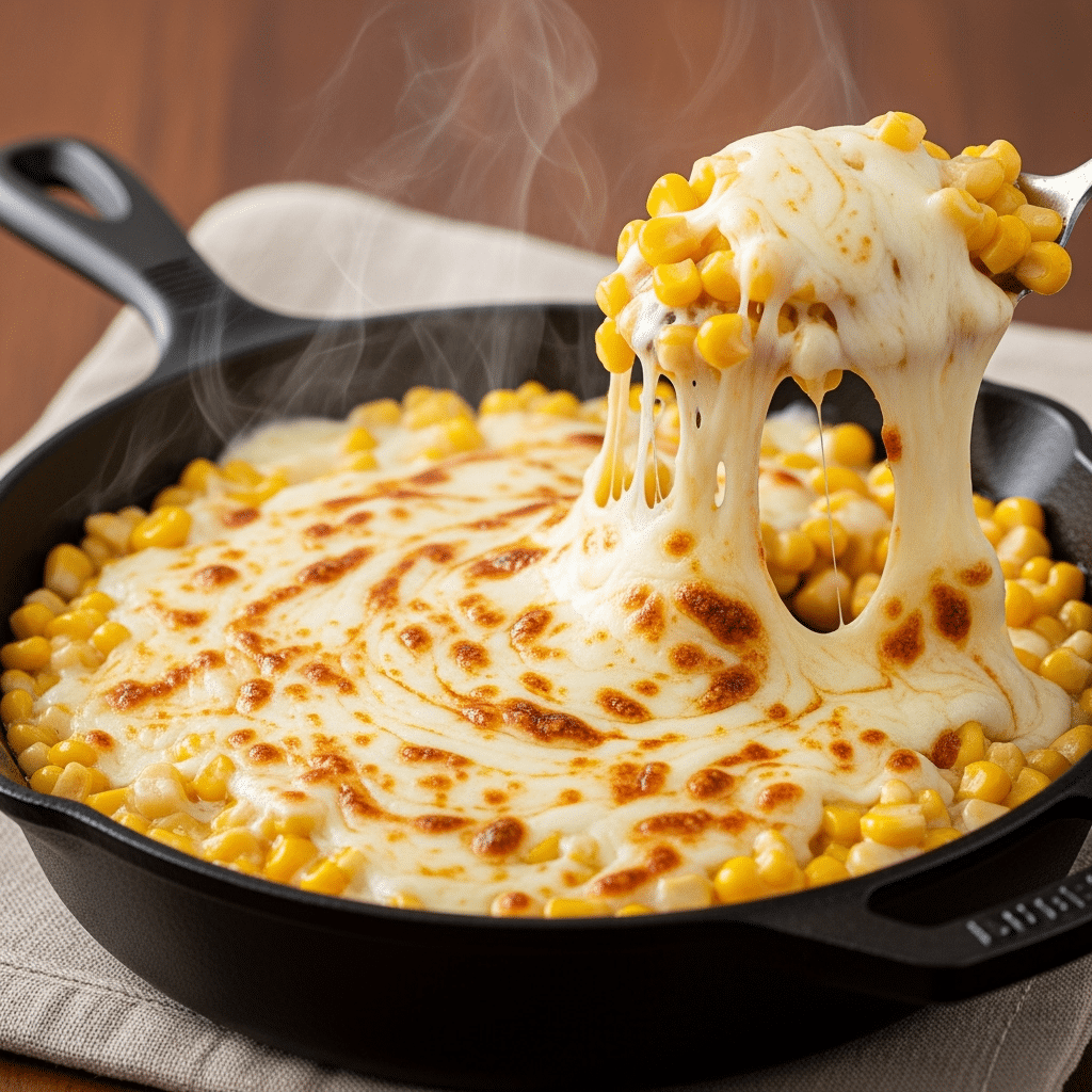 Korean corn cheese recipe in cast iron skillet with melted mozzarella and sweet corn